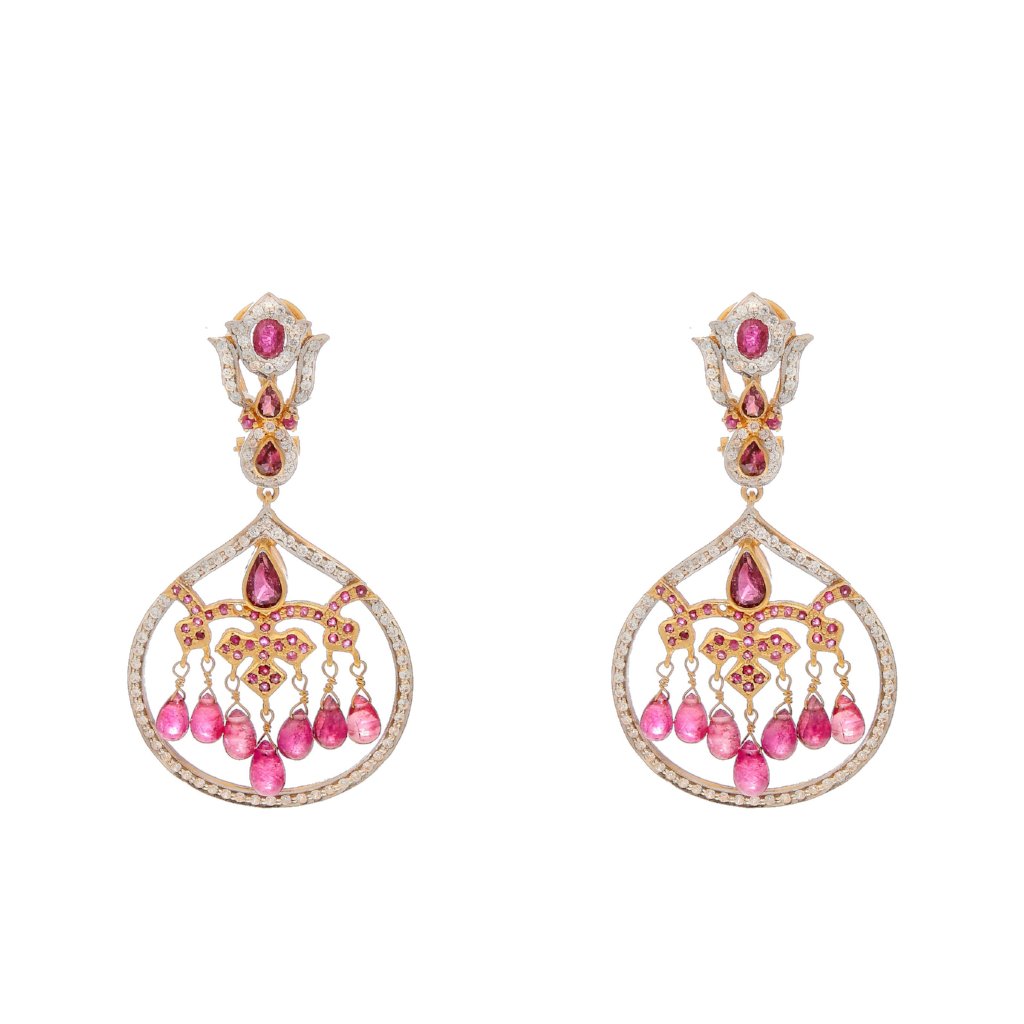 Breathtaking Ruby, Tourmaline, and Cubic Zirconia earrings made in 22k gold with 2-tone finishing