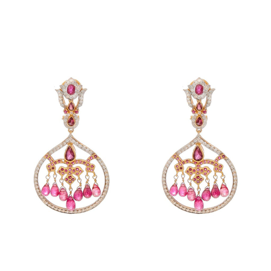 Breathtaking Ruby, Tourmaline, and Cubic Zirconia earrings made in 22k gold with 2-tone finishing