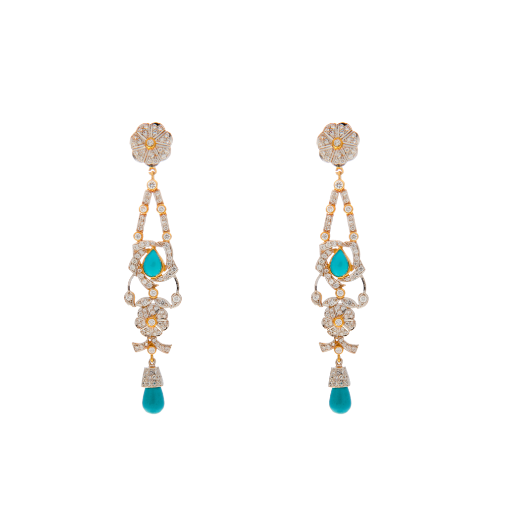 Turquoise drop earrings studded with Cubic Zirconia made in 22 karat gold
