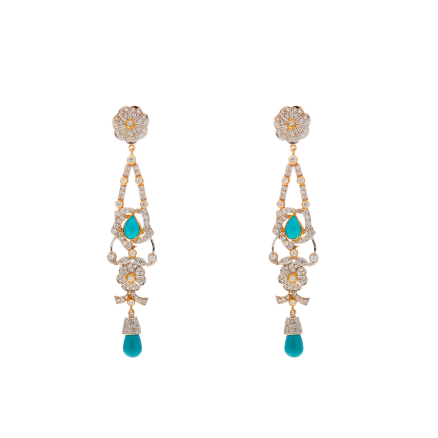 Turquoise drop earrings studded with Cubic Zirconia made in 22 karat gold