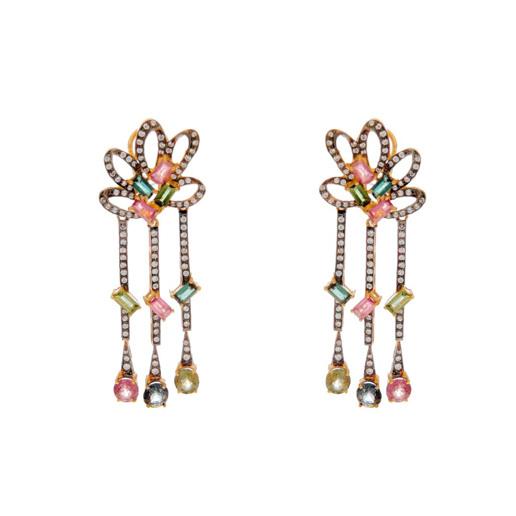 Trendsetting and vivid 2-tone earrings with colored Cubic Zirconia made in 22k gold