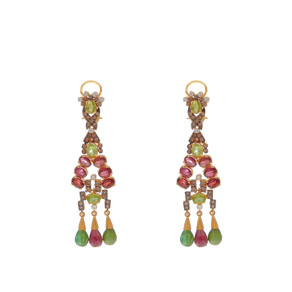 Vibrant Smokey Quartz, Citrine, and colored Cubic Zirconia earrings made in 22k gold