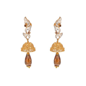 Contemporary Jhumkas adorned with Smokey Quartz and Cubic Zirconia made in 22k gold