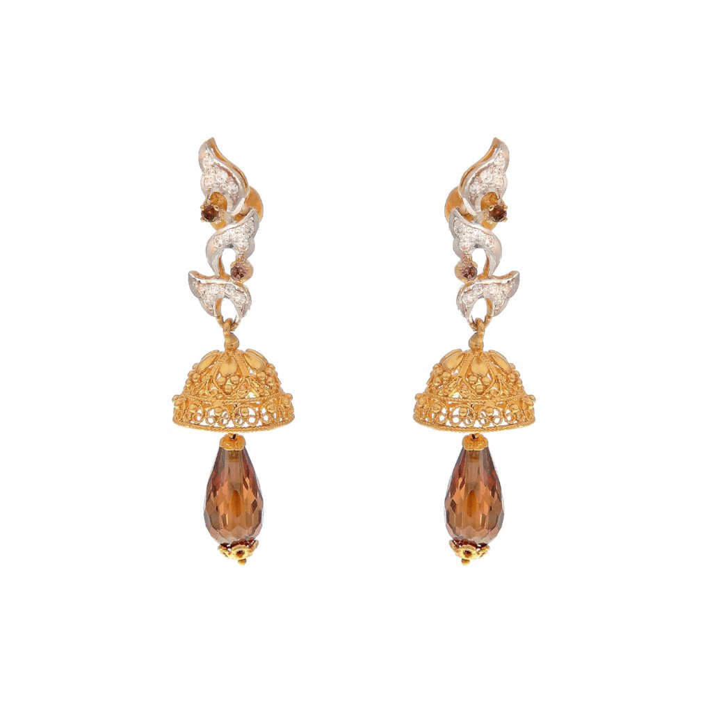 Contemporary Jhumkas adorned with Smokey Quartz and Cubic Zirconia made in 22k gold