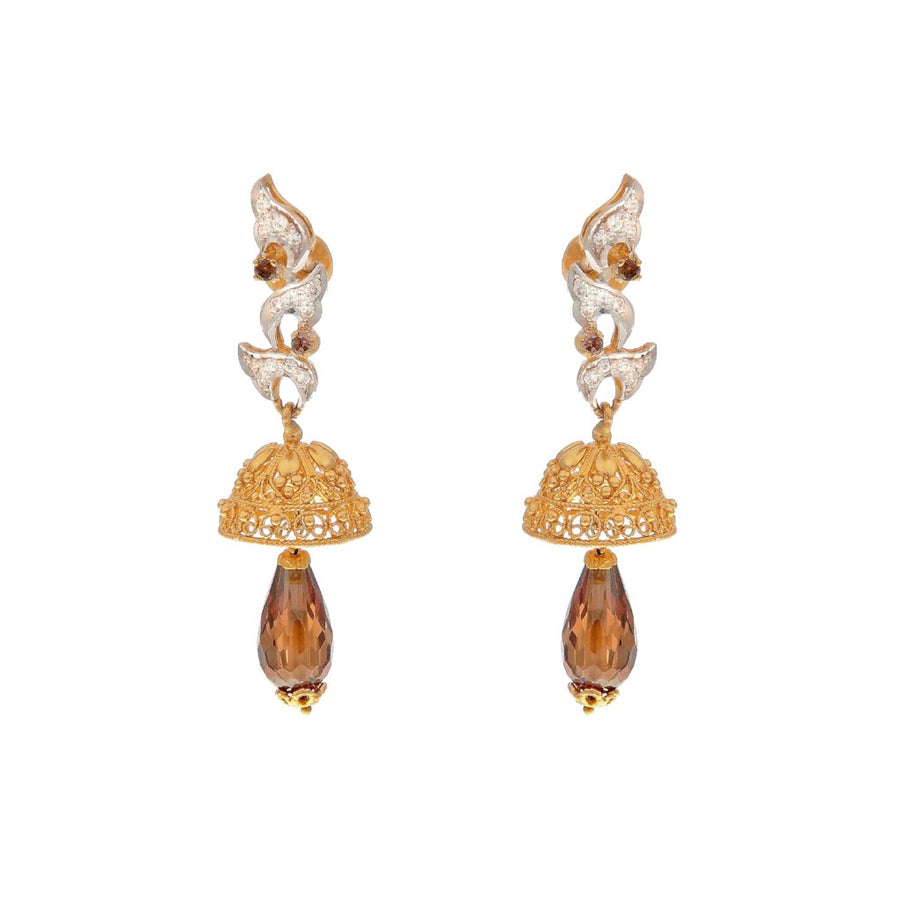 Contemporary Jhumkas adorned with Smokey Quartz and Cubic Zirconia made in 22k gold