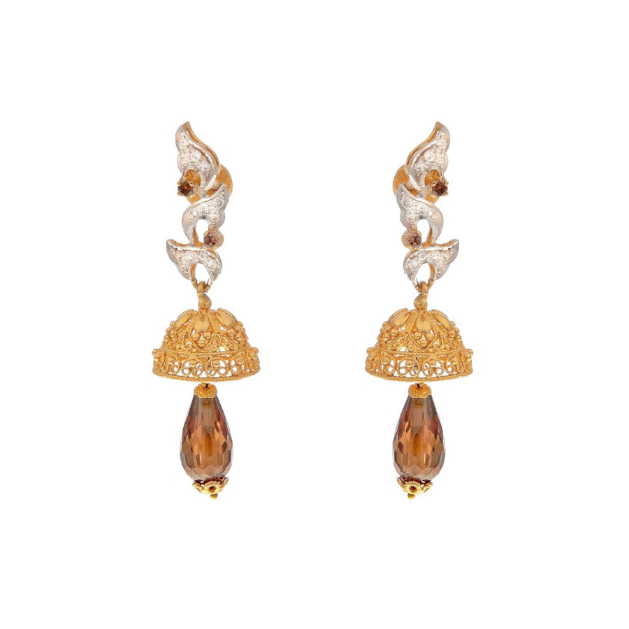 Contemporary Jhumkas adorned with Smokey Quartz and Cubic Zirconia made in 22k gold