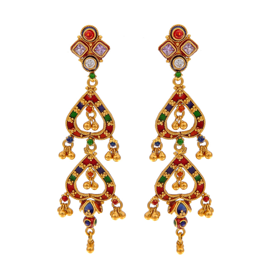 Vibrant earrings with colored cubic zirconia and beautiful mina work made in 22k gold