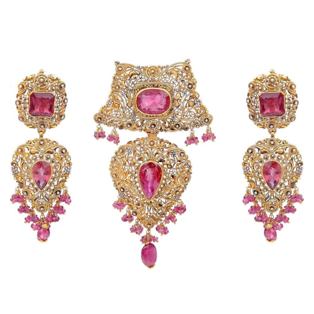Teardrop styled Pink Tourmaline Pendant Set made in 22 karat gold