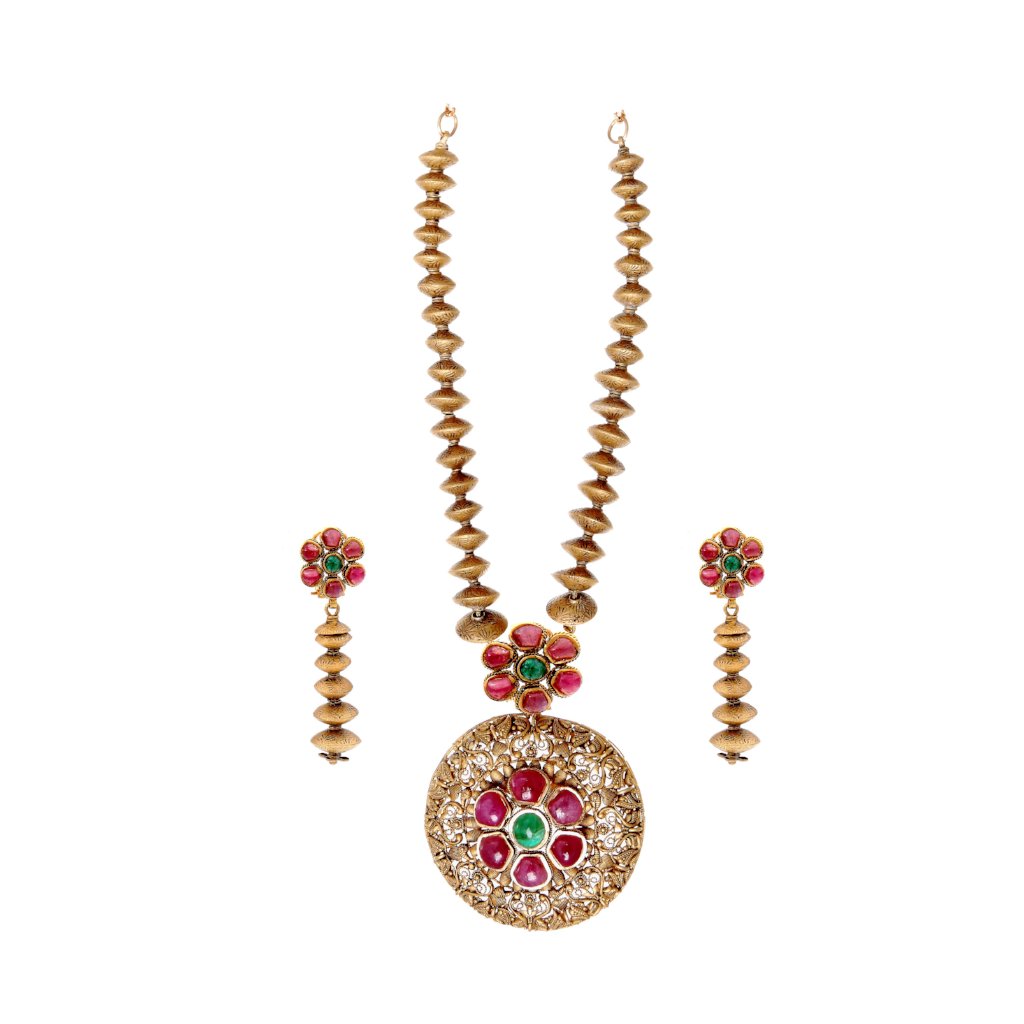 Medallion Style Ruby and Emerald Necklace Set made in 22 karat gold