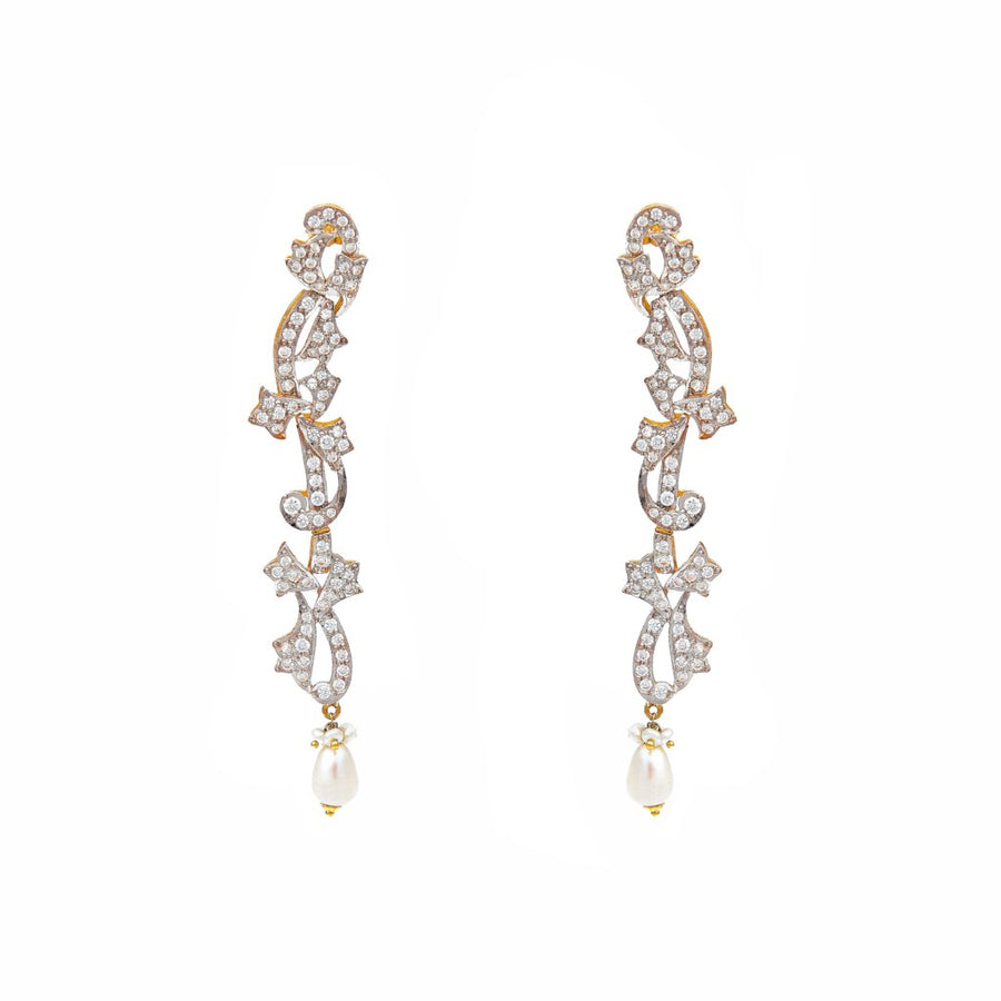 Glittering Cubic Zirconia earrings with a Pearl drop made in 22k gold
