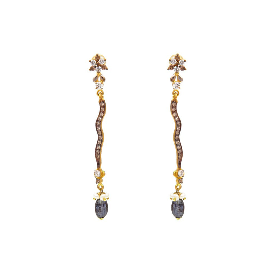 Sleek and slender CZ earrings in dark rhodium polish made in 22k gold