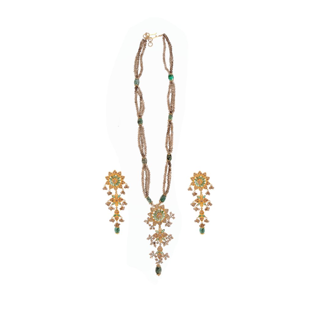 Stunning Emerald and Smokey Quartz String Set made in 22 karat gold