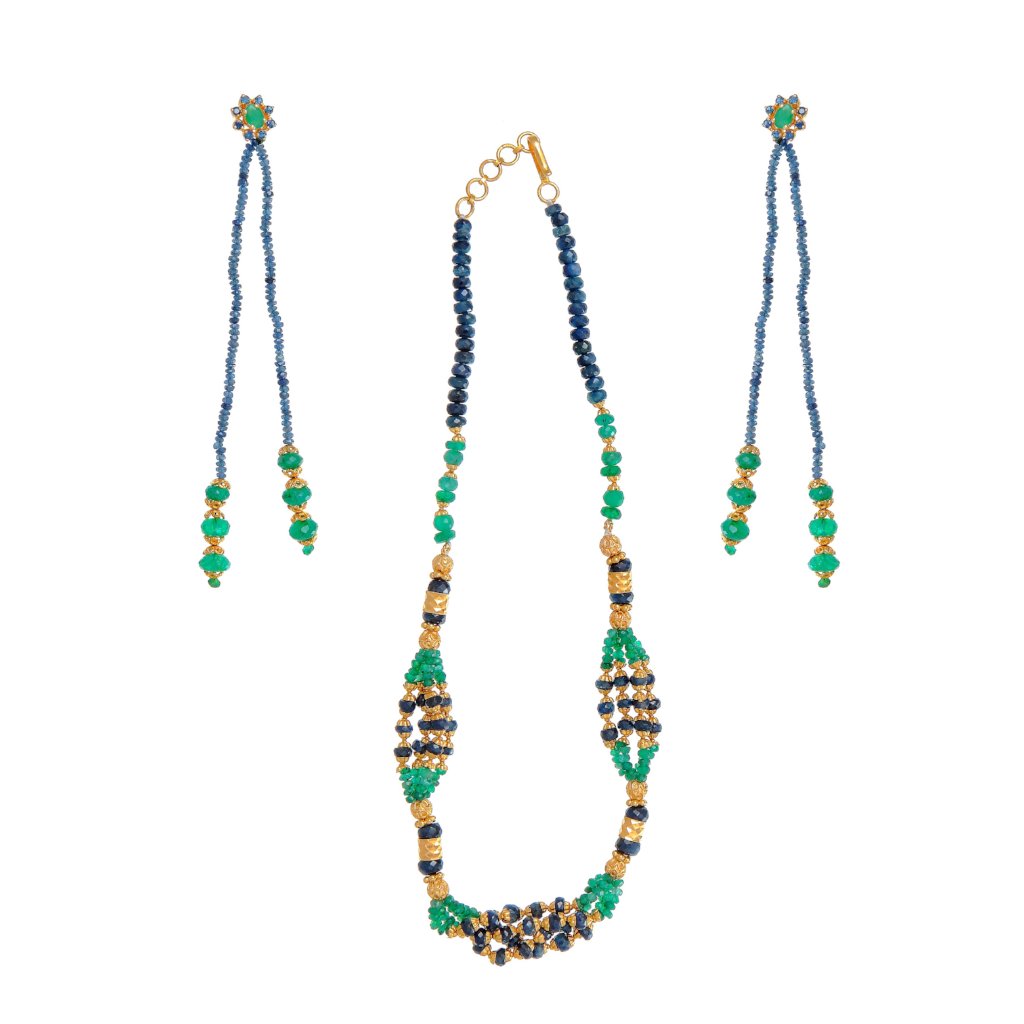 Emerald and Sapphire string set with long earrings made in 22 karat gold