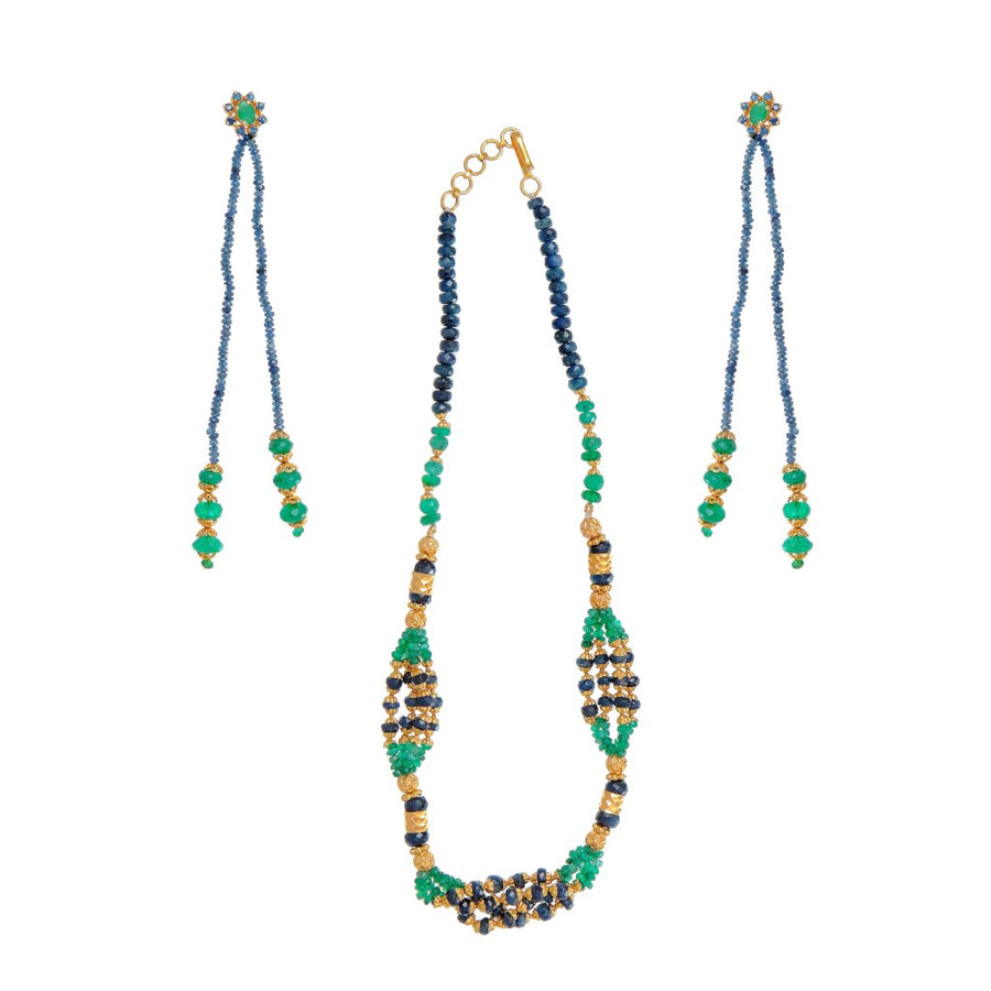 Emerald and Sapphire string set with long earrings made in 22 karat gold