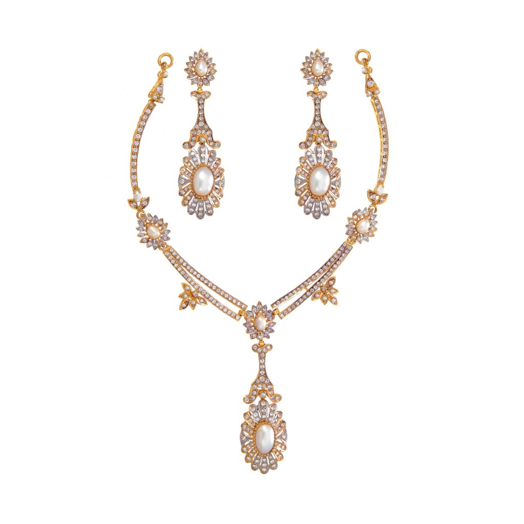 White pearls and Cubic Zirconia necklace set with long earrings made in 22k gold