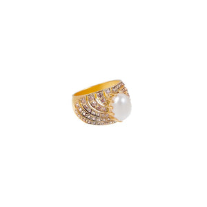 Ornate evening ring with flawless pearl center and shimmering smokey quartz made in 22k gold