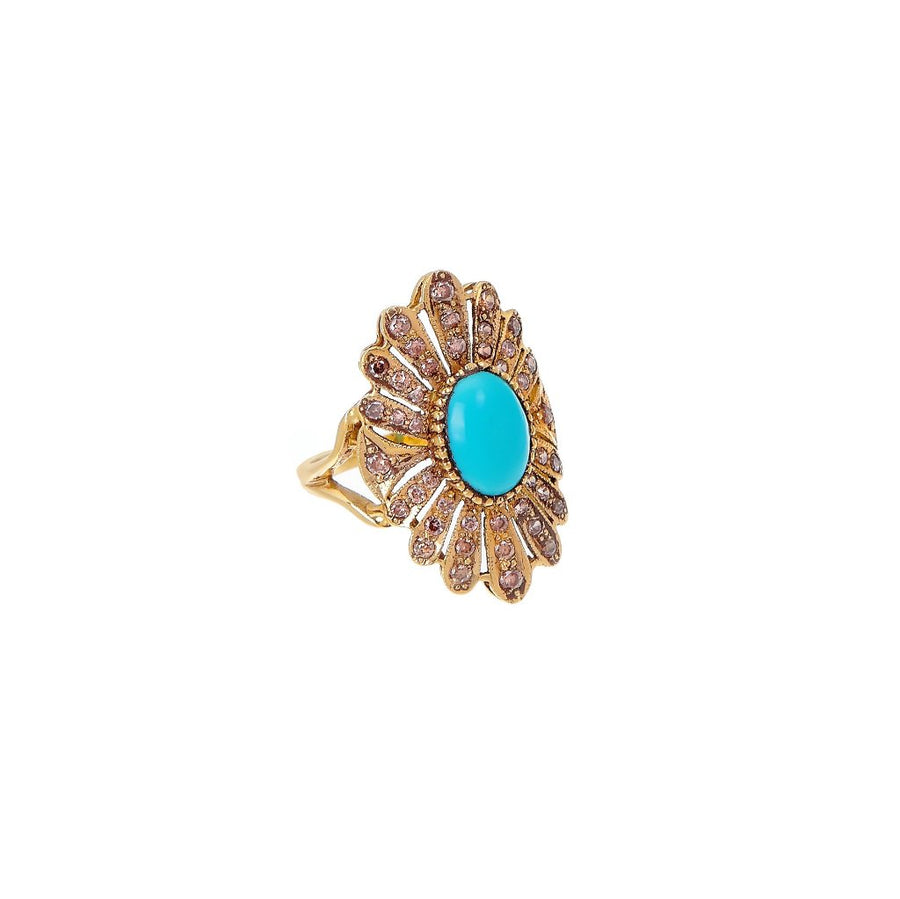 Turquoise and Smokey Quartz statement ring made in 22k gold