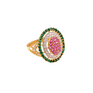 Colorful statement ring with glittering Rubies, Emeralds, and Cubic Zirconia made in 22k gold