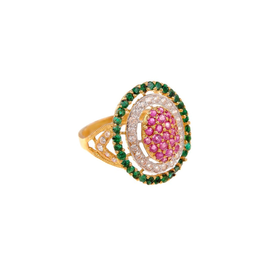 Colorful statement ring with glittering Rubies, Emeralds, and Cubic Zirconia made in 22k gold