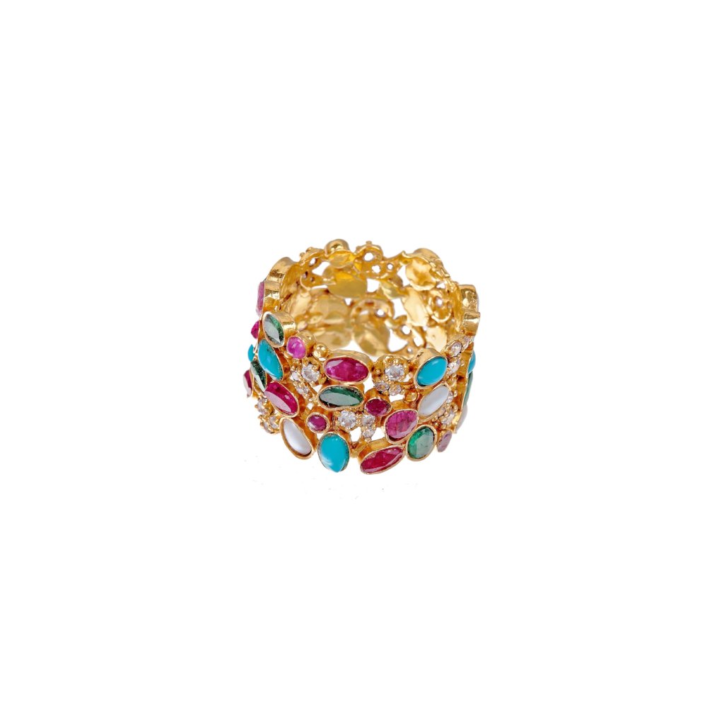Stunning ring in colorful setting with Turquoise, Rubies, Emeralds, & Cubic Zirconia in 22k gold