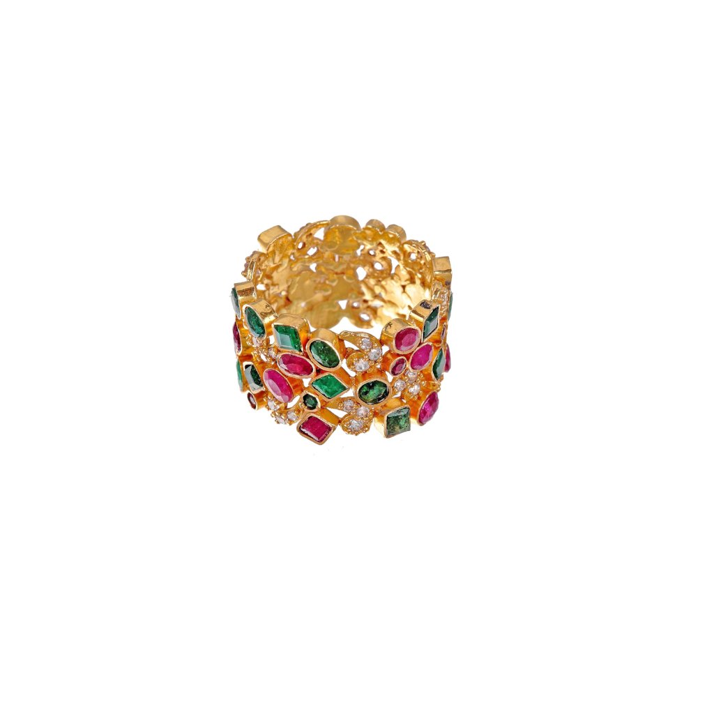 Colourful ring with Emeralds, Rubies, and Cubic Zirconia made in 22k gold