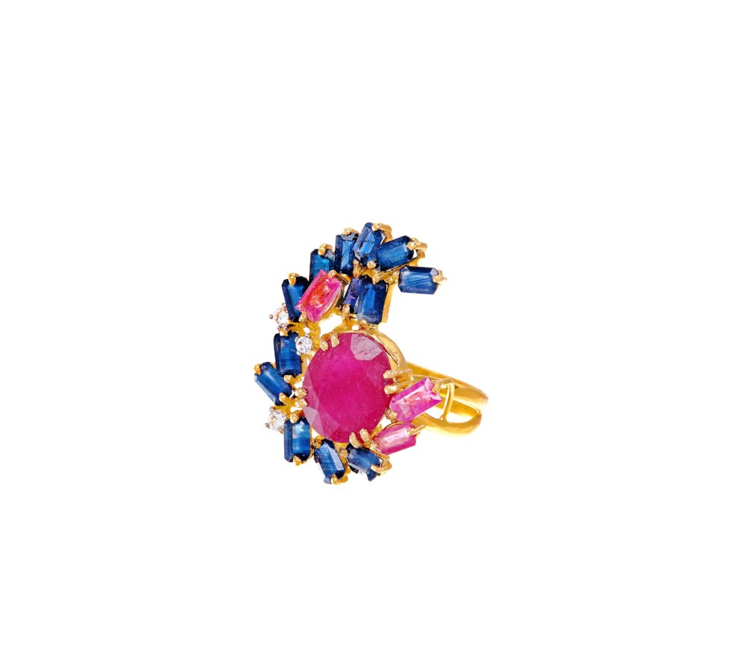 Exquisite 21K gold ring with Rubies, Sapphires, Pink Tourmaline, & Cubic Zirconia